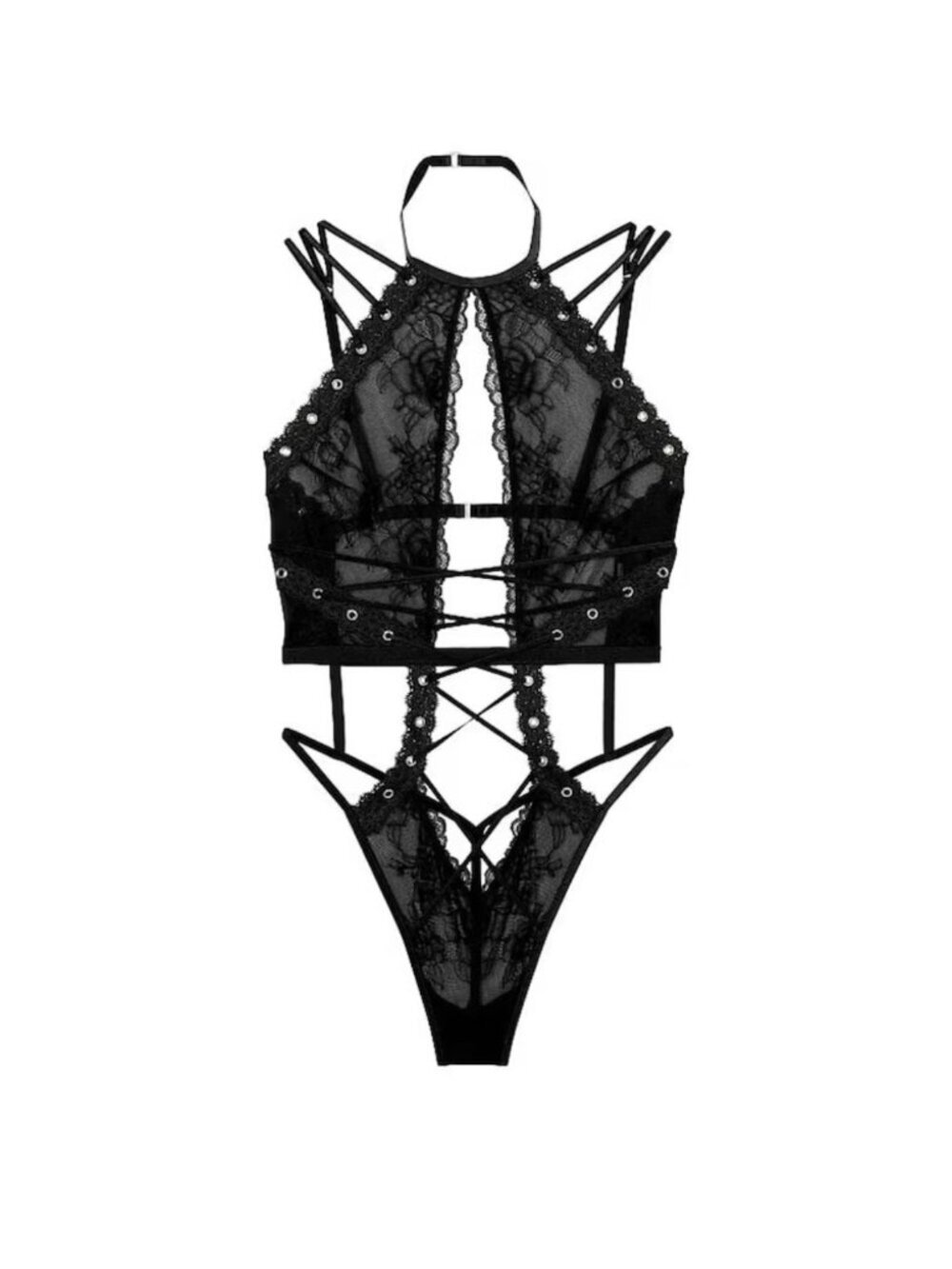New! Victoria's Secret Black High Neck Eyelet Bodysuit Size Small 9077